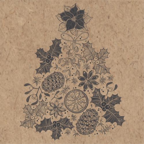 圣诞植物、松果和香料装饰的工艺纸圣诞树